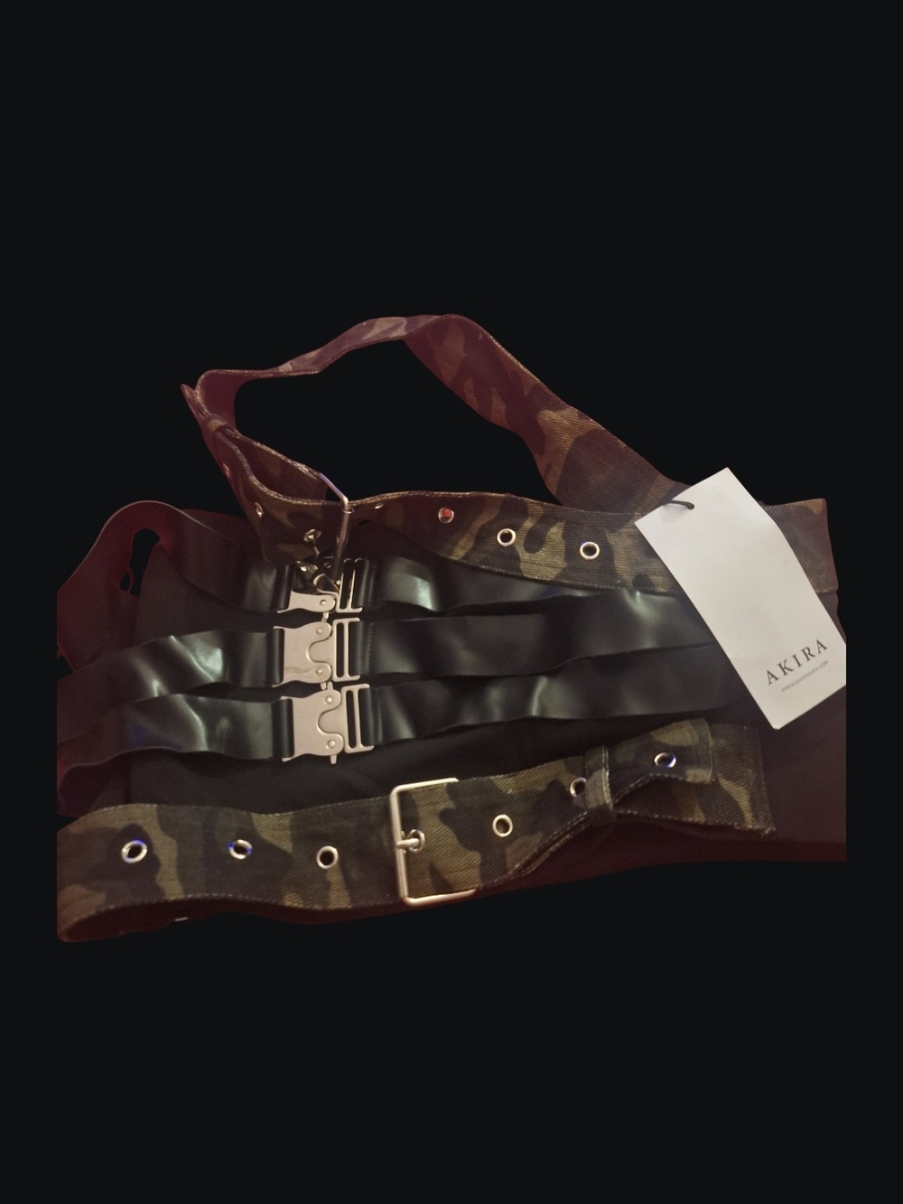 Akira One Shoulder Camoflage & Black Buckle Crop